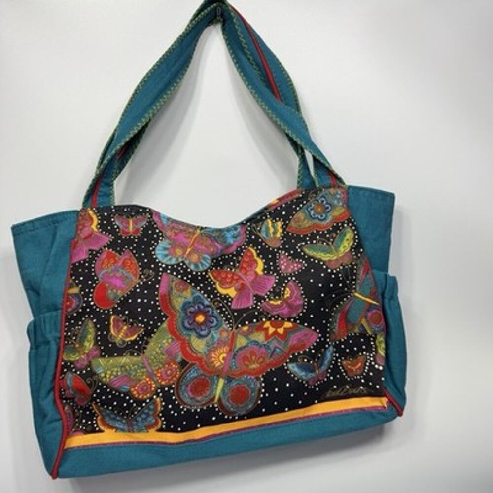 Laurel Burch Multicolored Butterfly Shoulder Bag Teal Black Purple 14" Canvas